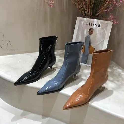 漆皮靴子女2020年新款秋冬尖头高跟鞋细跟瘦瘦炸街小短靴冬季气质