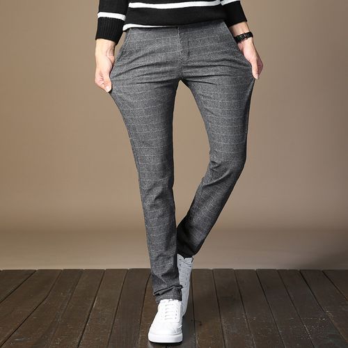 春秋款男士休闲裤韩版修身潮流百搭黑色格子男装青年长裤子直筒裤