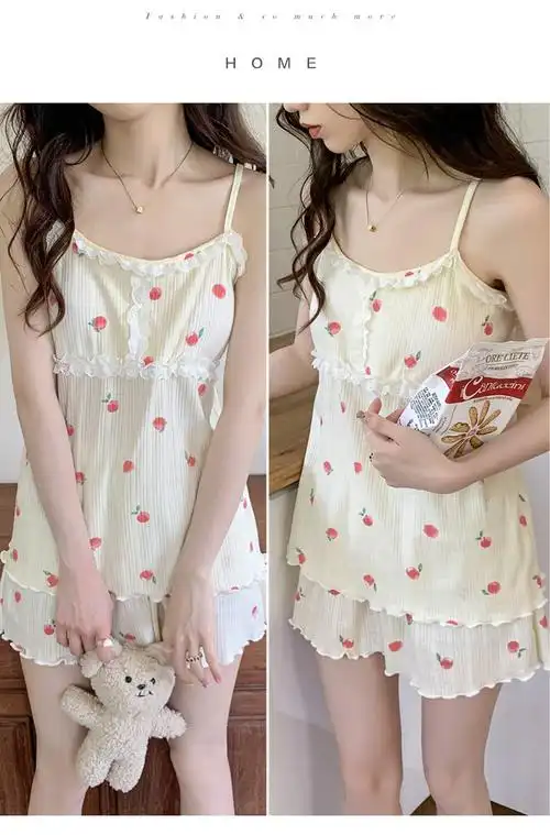 夏季新款睡衣女6535棉吊带短裤带胸垫可拆卸甜美少女家居服套装 - 17