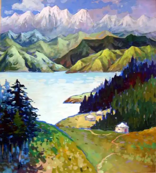 《天山天池》水粉  53ⅹ38cm 雍志坚