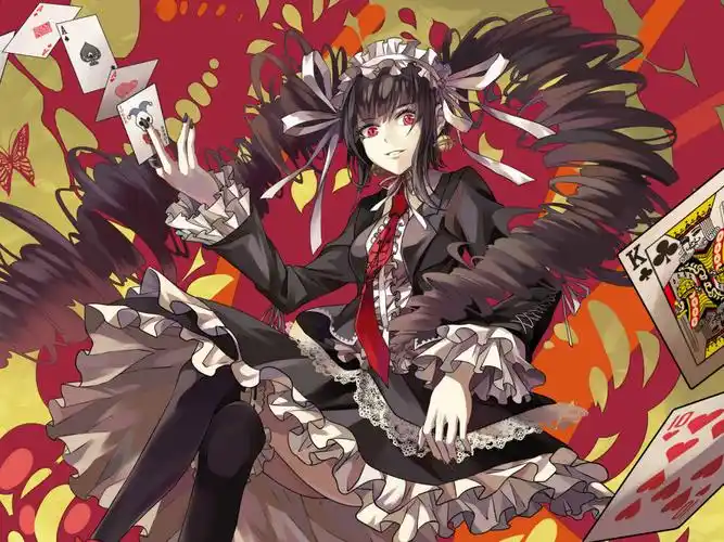 一个梳双螺旋马尾的黑发女孩,她手中拿着扑克牌,红色眼睛,齐刘海,指甲