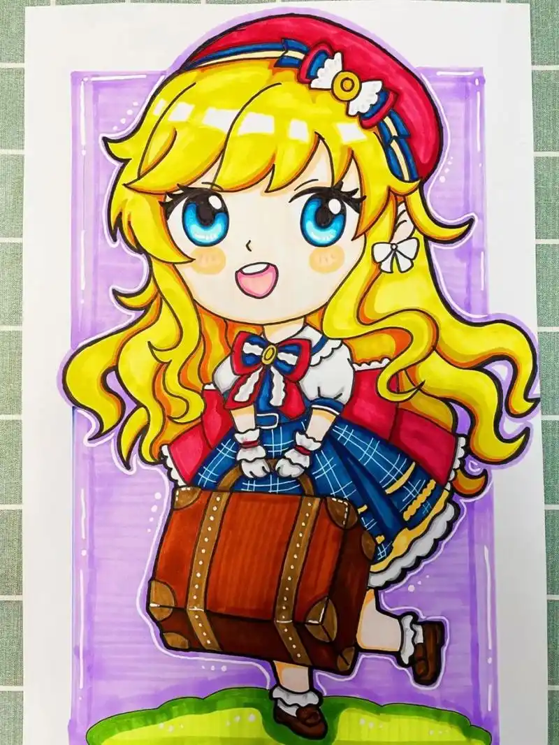 马克笔动漫人物-拿书包的小女孩 马克笔动漫女孩,长发女孩,春游,拿