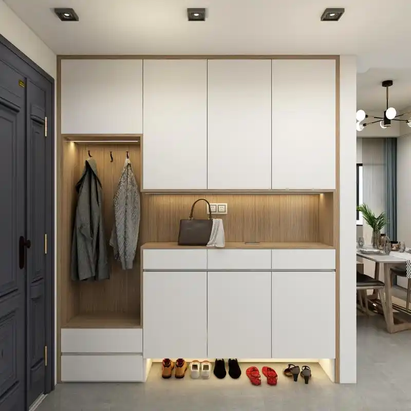 鞋柜设计需要有的部分 换鞋凳:人体工程学标准高度420mm,做两个抽屉