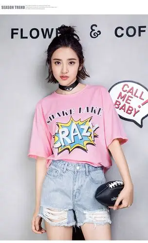 【唐艺昕明星同款】圆领短袖宽松印花打底衫t恤