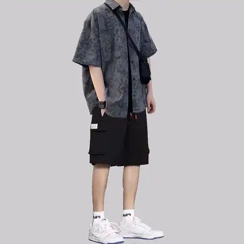 男韩版潮流一套痞帅穿搭三件套夏季学生宽松休闲短袖衬衫套装男装