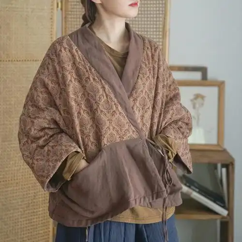 古色家 初见原创复古中国风印花斜襟撞色夹棉外套汉服宽松禅意棉衣