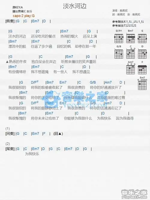戴佩妮《淡水河边》吉他谱_g调吉他弹唱谱_和弦谱