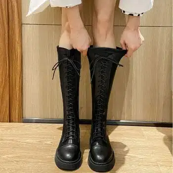 森马长筒靴骑士靴黑色长靴春秋粗腿胖mm大筒围高筒靴子大码女靴 黑色