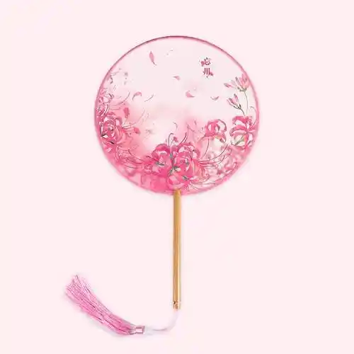 古装扇子走秀半透明团扇古风汉服丝质丝绢圆扇长柄舞蹈道具流苏扇