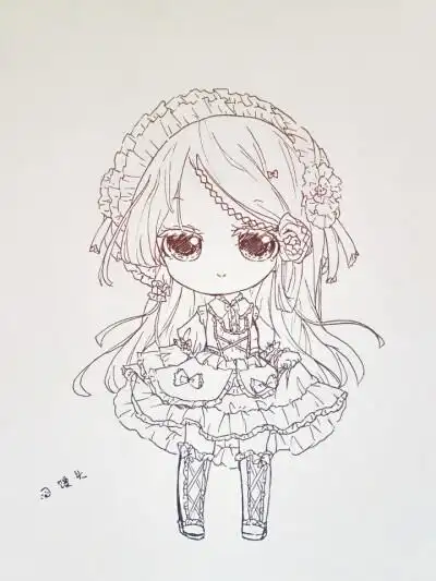 手绘 线稿 q版 女孩