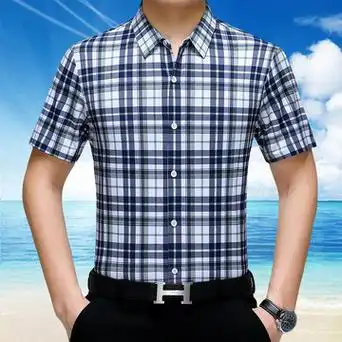 高档桑蚕丝短袖衬衫男士中年商务休闲免烫洋气条纹爸爸装无痕衬衣