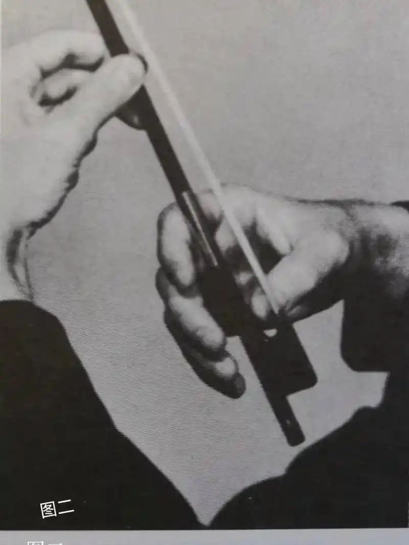 小提琴握弓手型的详解 ✓左手拿住弓杆的中部,弓尖垂直向上,弓毛