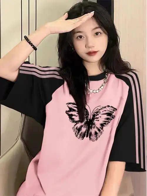 【罗纹领口】-【纯棉210克(精梳紧密)三条杠t恤】复古拼接印花短袖女