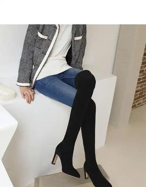 长筒过膝超长大腿靴女王尖头细跟性感高跟弹力秋冬靴大码长靴 米白色/