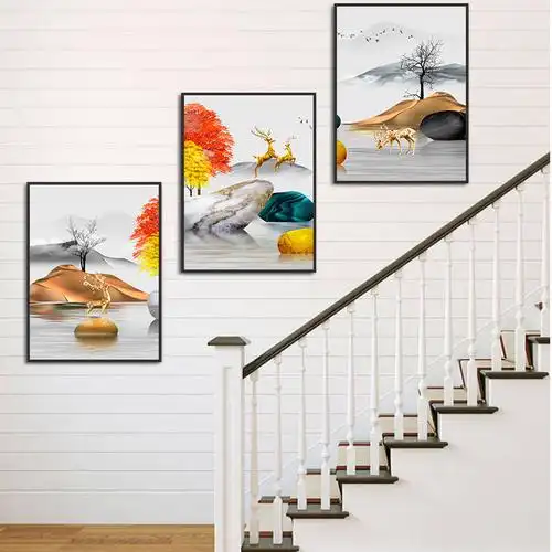 复式楼梯口装饰画北欧楼道轻奢三联挂画客厅走廊现代装饰画