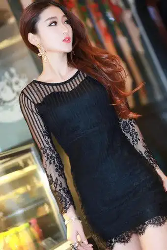 夜店酒吧性感蕾丝连衣裙秋冬镂空透视修身显瘦包臀裙长袖女打底衫