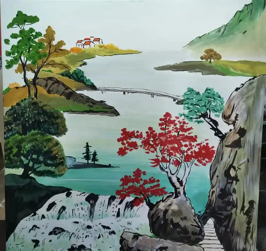 山水画 #丙烯风景画  - 抖音