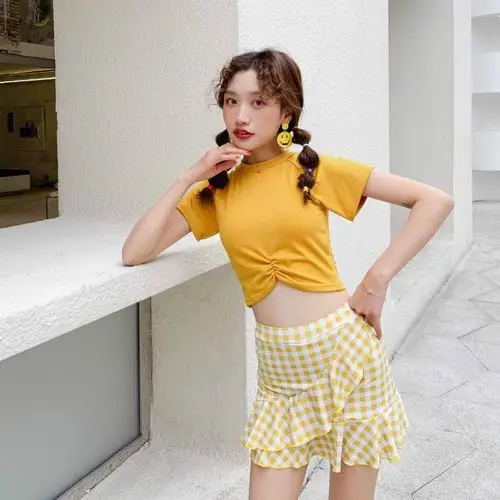 少女泳衣女孩12岁青少年泳衣女可爱日系保守分体格子仙女范新款小胸