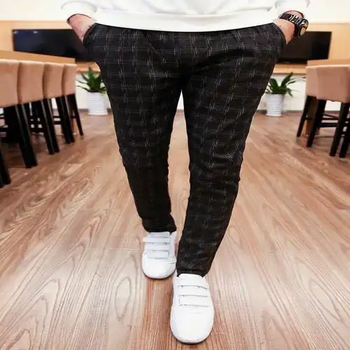 uyuk春秋季男装格子薄款休闲裤长裤修身小脚裤韩版男士裤子潮男哈伦裤