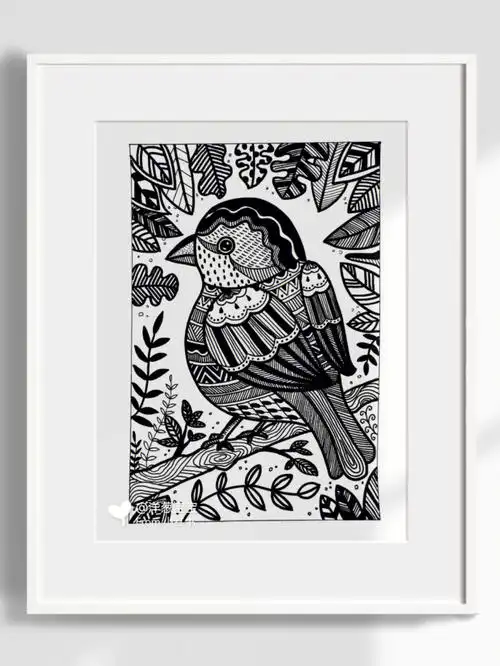 麻雀黑白线描画