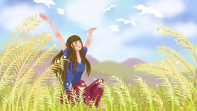 眺望天空之在芦苇地里仰望蓝天的女孩 插画素材