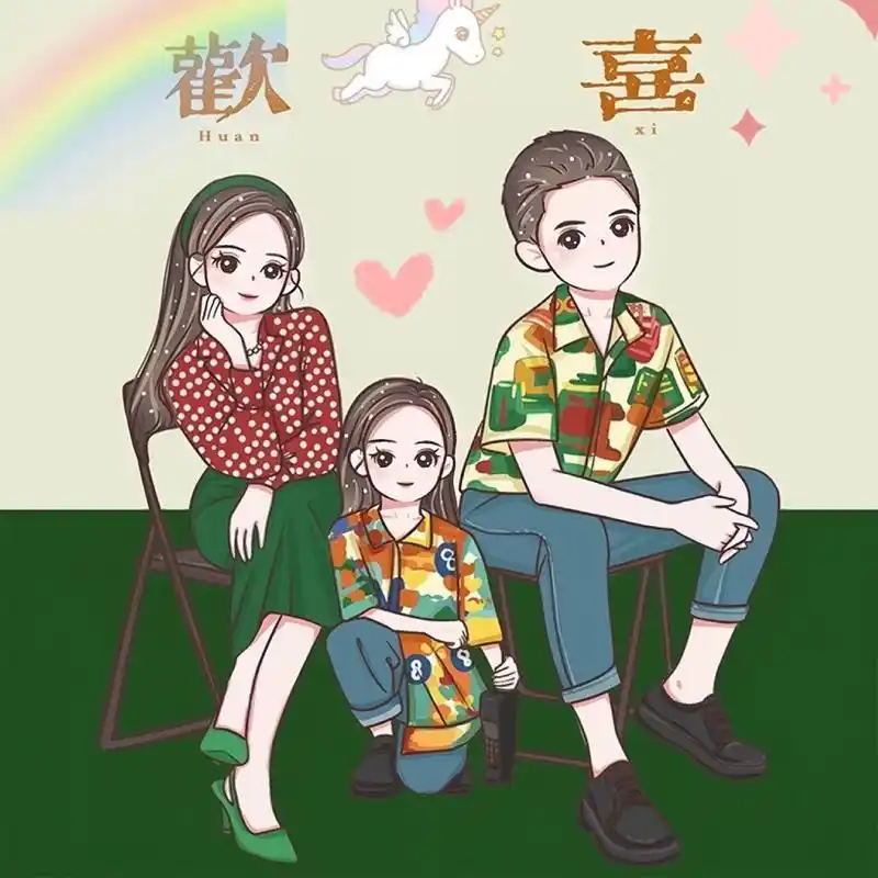 97一家三口/四口手绘头像全家福动漫绘画 一家三口/四口手绘头像