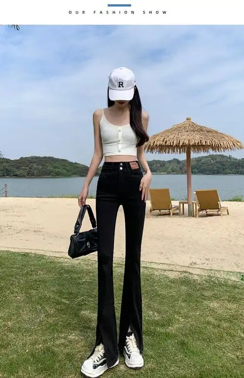黑色开叉牛仔裤女微喇春秋2023年新款高腰显瘦小个子拖地喇叭裤子
