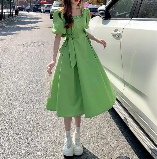 少女裙子夏天微胖泡泡袖女孩显瘦遮肚学生2022夏季蝴蝶结系带方领大码