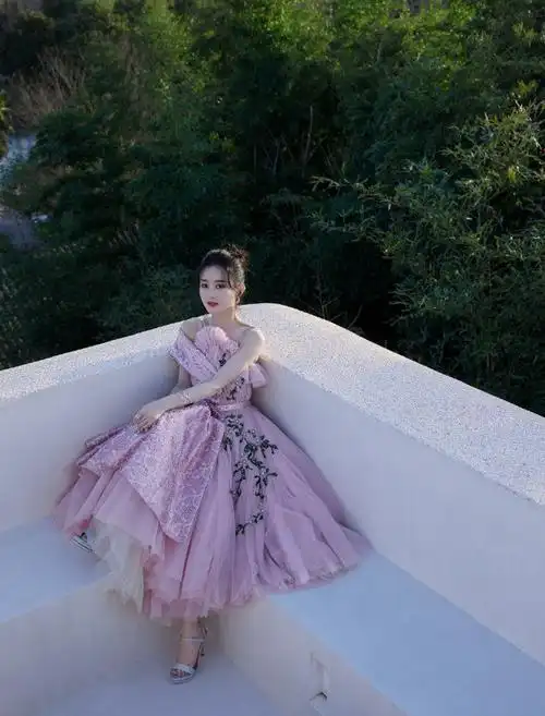 赵丽颖粉色公主裙赵丽颖今日活动造型身穿粉紫刺绣叠纱礼裙扎起丸子头