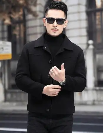 手工双面呢男羊毛大衣短款韩版新款夹克毛呢外套黑色m