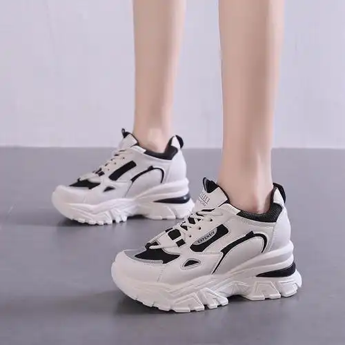 新款时尚舒适女士夏款坡跟运动鞋春夏季透气网面拼接鞋矮个子女生内