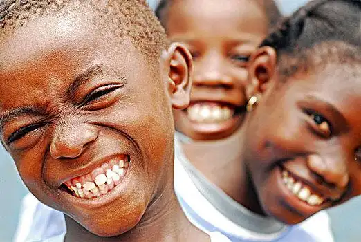 头像,三个,非洲,学童,大,露齿微笑,圣多美,普林西比