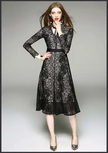 实拍夏装新款女黑色蕾丝大摆修身中长款礼服v领名媛连衣裙8878