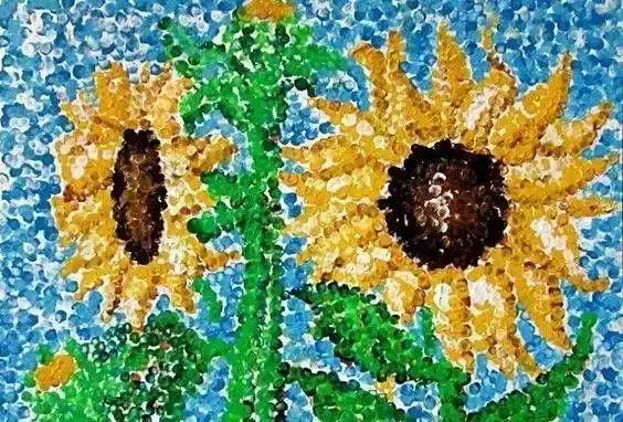 他们不用轮廓线划分形象而用点状的小笔触完成画作点的过程就是孩子在