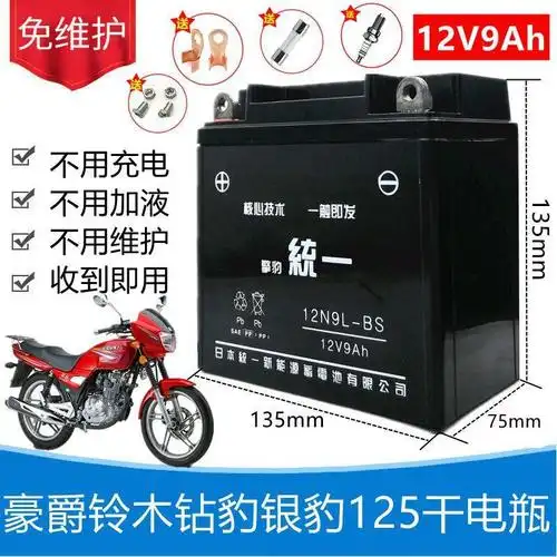 摩托车电瓶12v通用豪爵铃木钻豹银豹男士免维护电池12v9a干电瓶跨