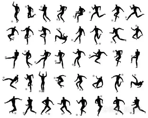 足球运动员在剪影中的孤立姿势. 足球动作矢量插图.