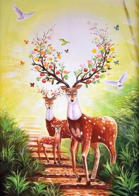 高清手绘梅花鹿油画玄关