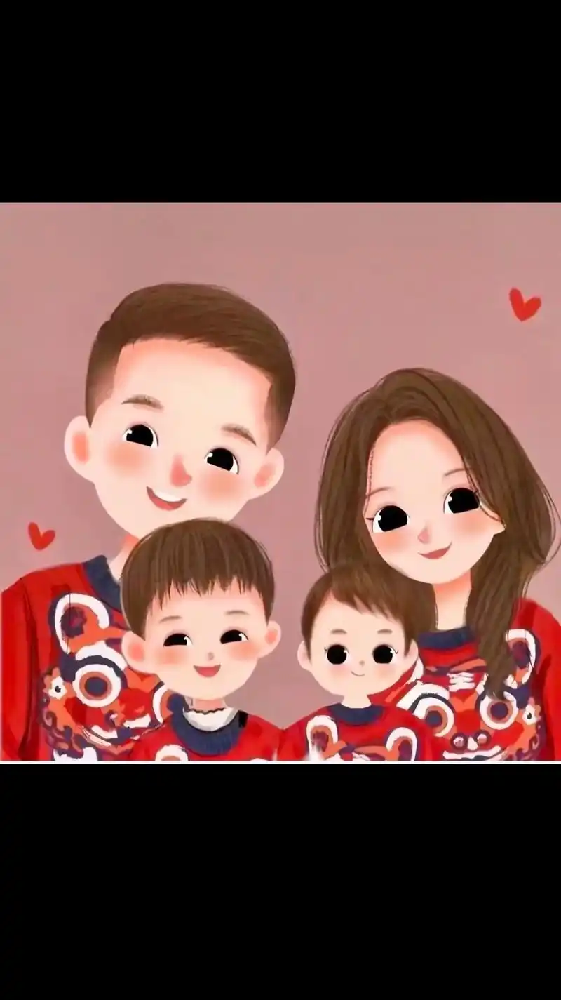 一家四口卡通头像两个儿子红色竖版 - 抖音