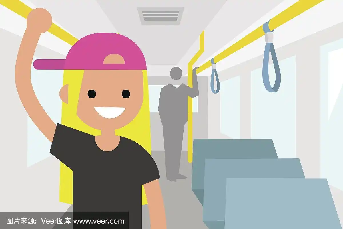 年轻乘客乘坐公共汽车/平面可编辑矢量插图,剪辑艺术