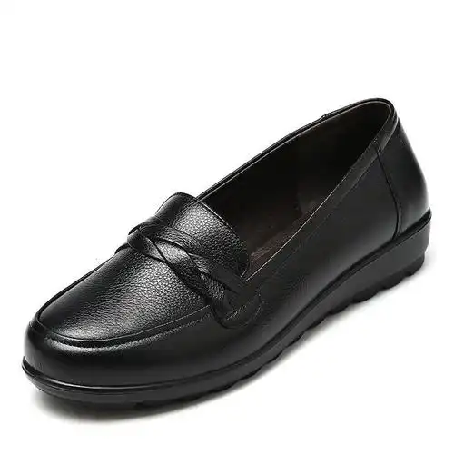 旺奈(wangnai)妈妈鞋真皮软底单鞋女春秋中老年皮鞋平底浅口老年人