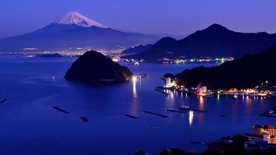 夜晚,灯光,城市,海景,日本富士山,风景电脑壁纸
