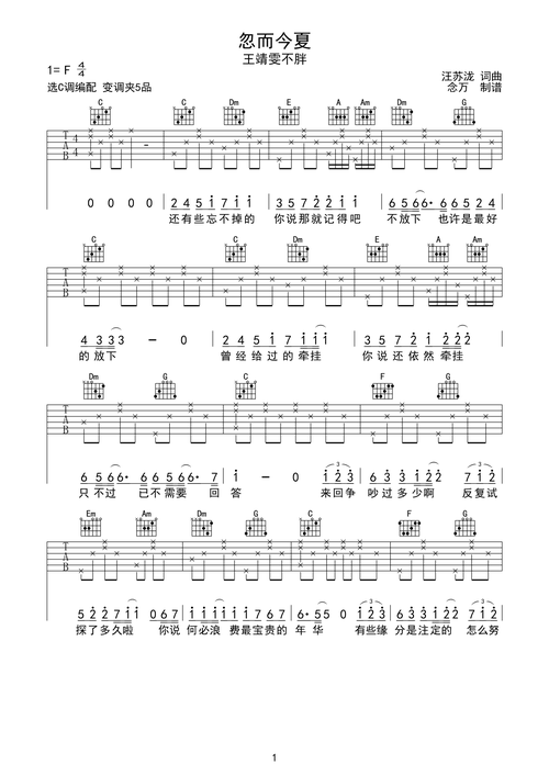 忽而今夏吉他谱 王靖雯不胖-彼岸吉他 - 一站式吉他爱好者服务平台