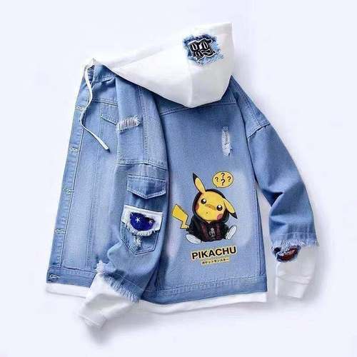 皮卡丘牛仔外套男春秋假两件连帽青少年学生韩版痞帅男士夹克上衣
