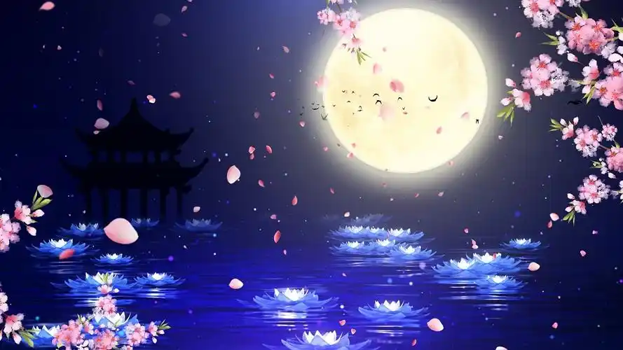 4k大气唯美古风圆月池塘荷花背景视频月亮背景