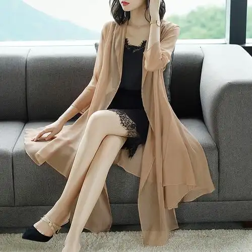 夏季薄纱沙滩披风女开衫中长款雪纺沙滩防晒衣外搭薄百搭披肩外套