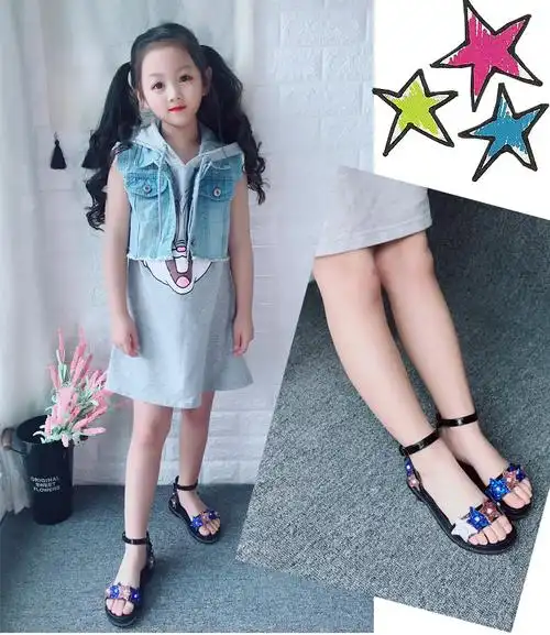 女童凉鞋夏季新款儿童韩版中大童凉鞋女小女孩公主平底凉鞋xin 粉星