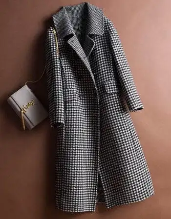 双面大衣女中长款2019新款流行千鸟格子毛呢子外套加厚冬反季娃娃领