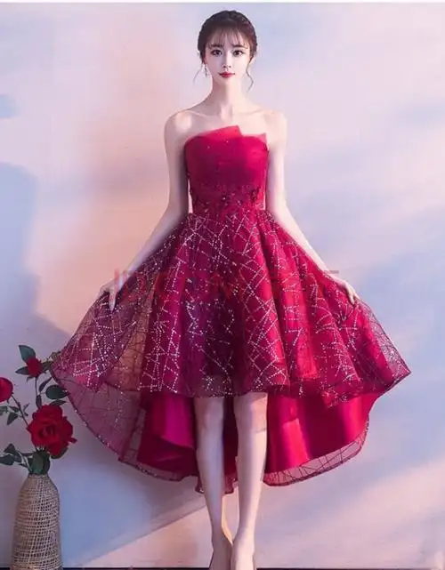 抹胸礼服新娘敬酒服2020秋款现代酒红色抹胸小个子短款结婚衣服订婚