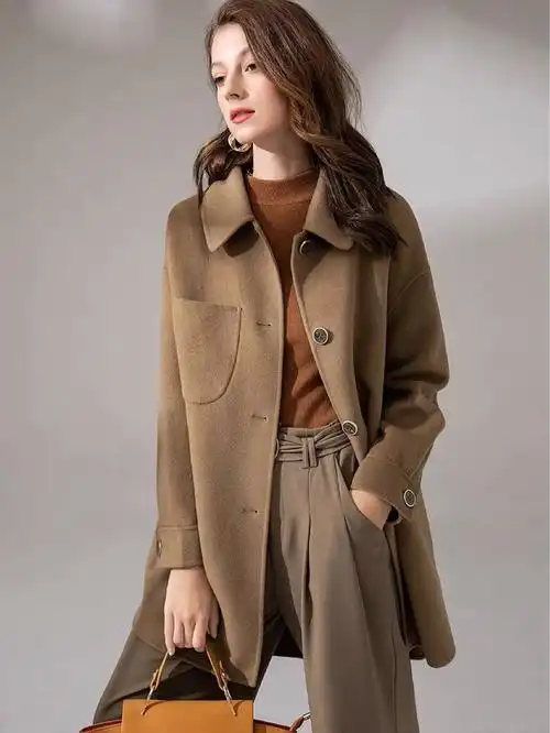 反季清仓双面尼纯色翻领宽松型羊毛气质通勤双面棕色无腰带大衣