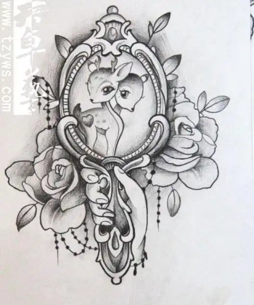 鹿纹身玫瑰纹身欧美纹身手稿